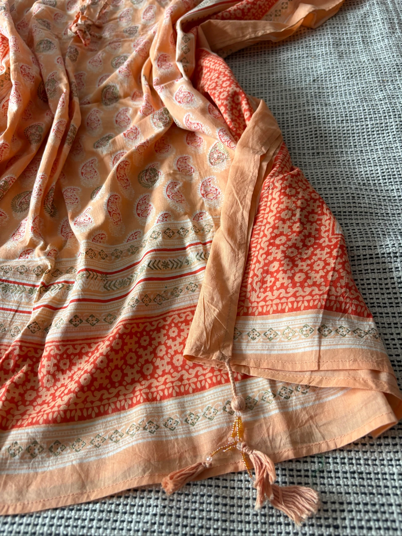 caftã túnica praia boho étnico estampado paisley laranja dourado tamanho único kaftan roupão – photo 3